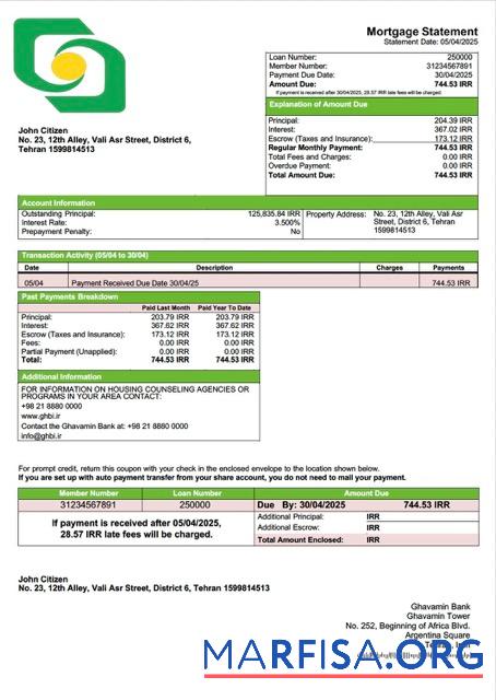 Printable Iran Ghavamin Bank mortgage statement Word and PDF template
